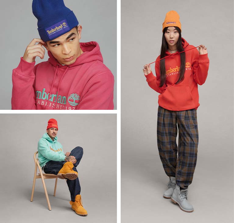Image collage of three people - one young woman with long dark hair and two young men - all posing in brightly colored Timberland hoodies and beanies in contrasting colors.